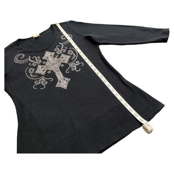 Reba Front & Back Rhinestone Cross Long Sleeves Round Neck Black Tee Shirt Sz LG - Picture 6 of 11